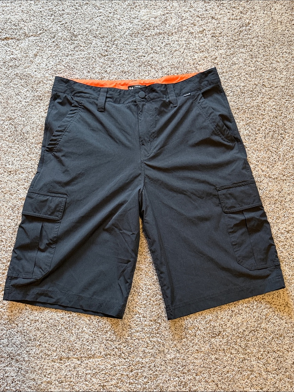 Hurley Black Cargo Shorts with Orange Waistband Detail